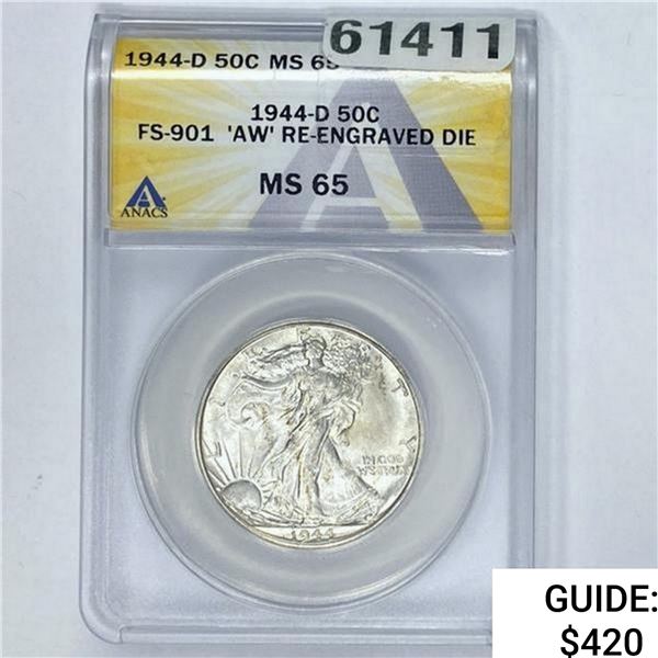1944-D Walking Liberty Half Dollar ANACS MS65