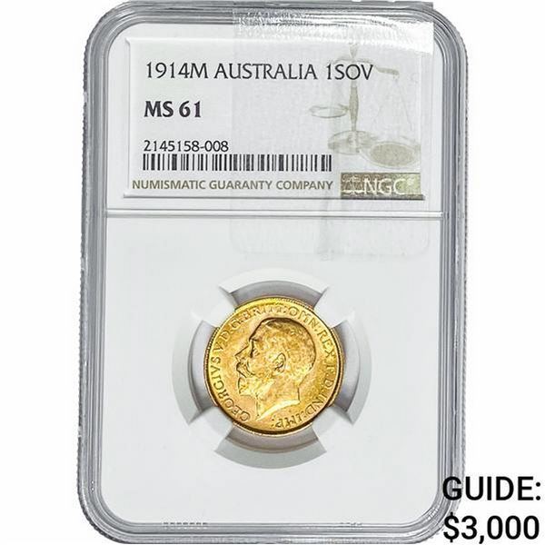 1914M Australia .2355oz Gold 1 Sovereign NGC MS61