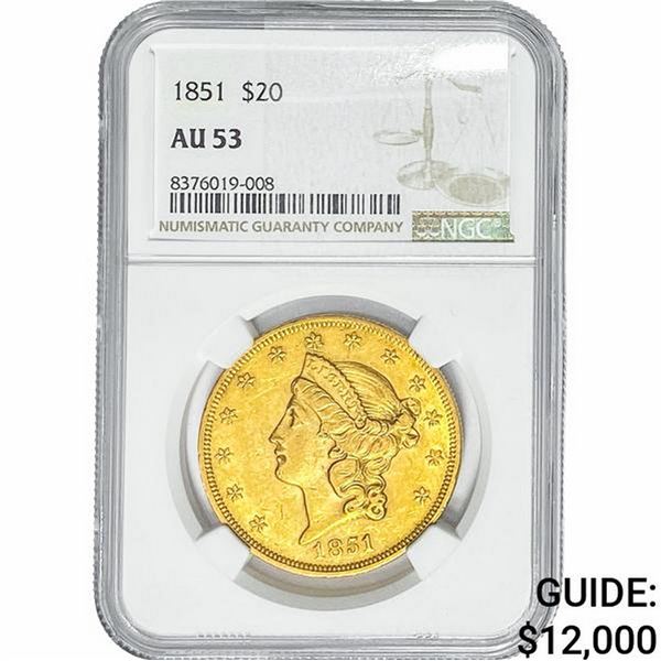 1851 $20 Gold Double Eagle NGC AU53