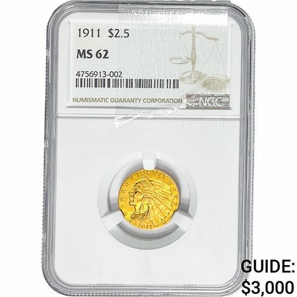 1911 $2.50 Gold Quarter Eagle NGC MS62