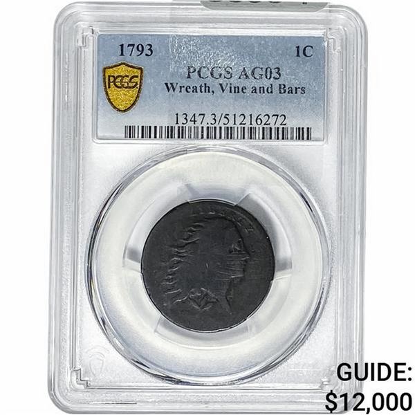 1793 Flowing Hair Large Cent PCGS AG3 Wreath/Vine