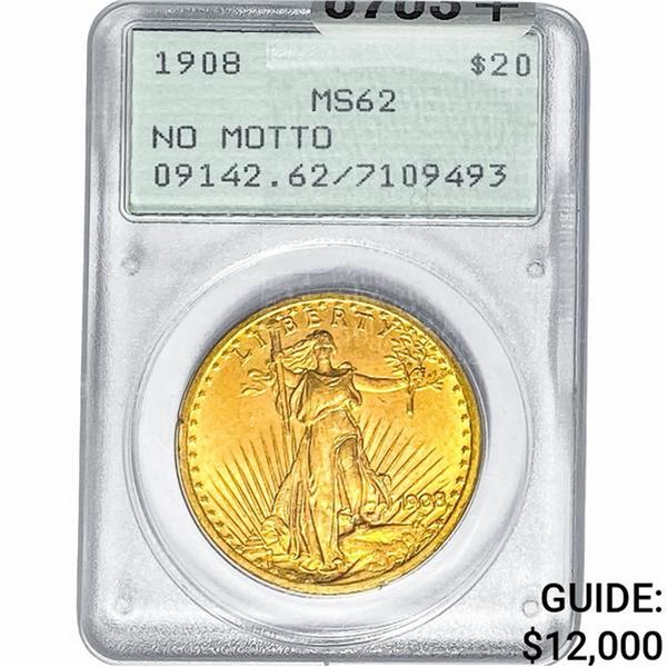 1908 $20 Gold Double Eagle PCGS MS62 No Motto