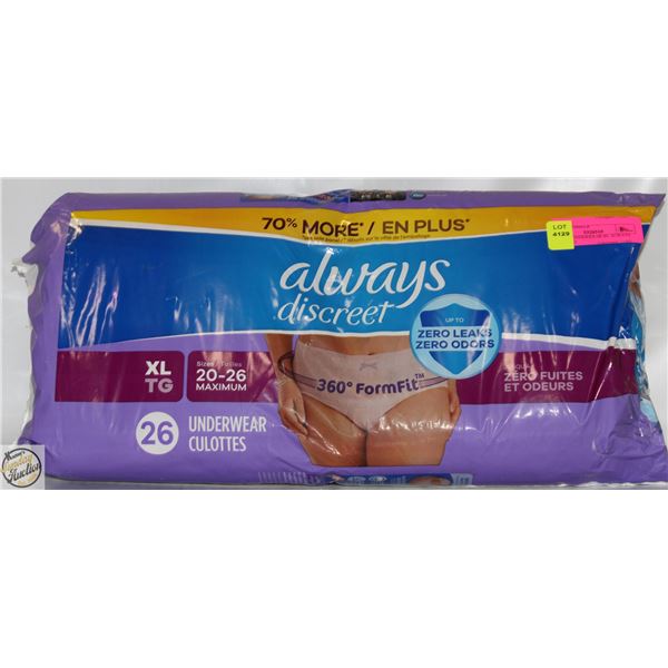 NEW 26 UNDERWEAR XL ALWAYS DISCREET