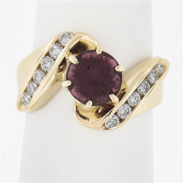 14k Gold Round Pink Tourmaline w/ 0.30 ctw Diamond Channel Accents Bypass Ring