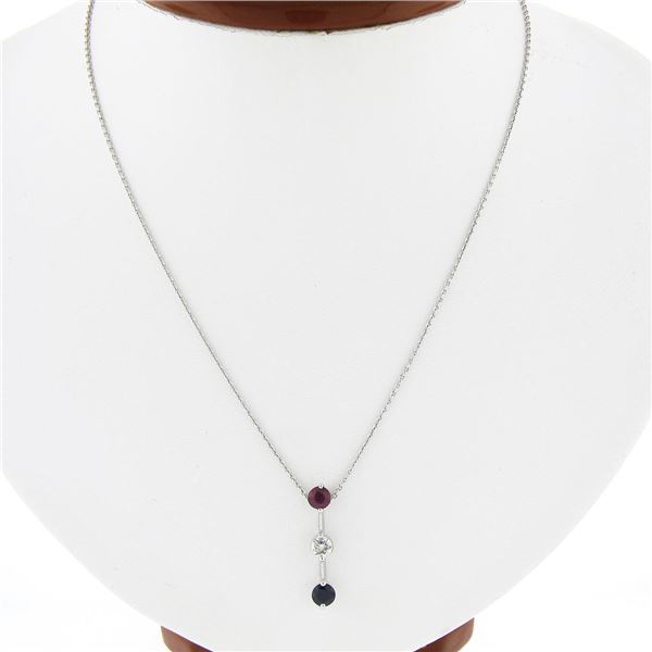 18k White Gold 1.38 ctw Round Prong Ruby Diamond Sapphire Bar Pendant & 14k Chai