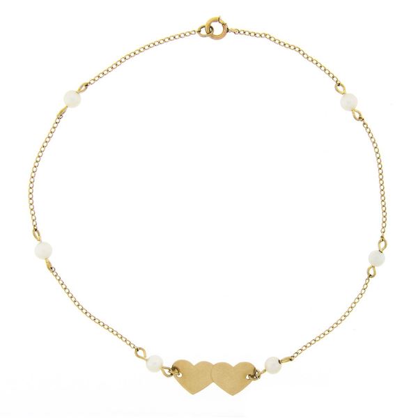 14k Yellow Gold 9" Dual Heart w/ Pearl Station Cable Link Ankle Bracelet Anklet