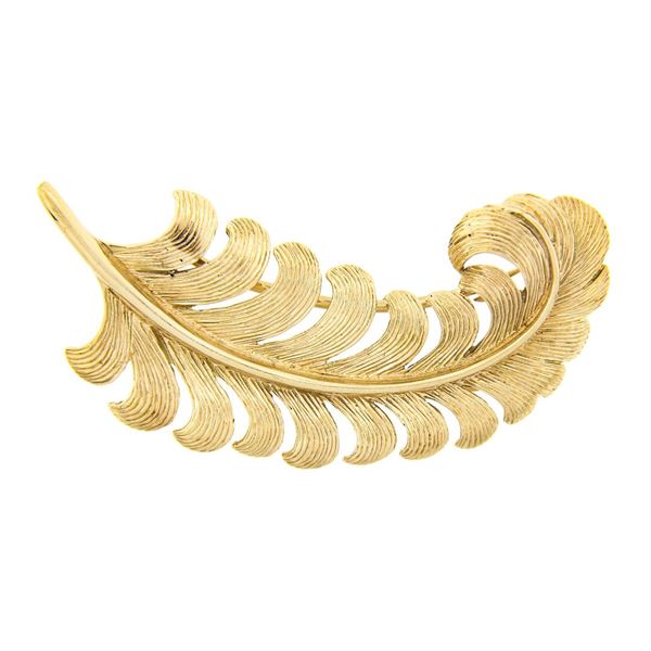 Vintage 14K Yellow Gold Detailed Textured Finish Large Feather Brooch Pin