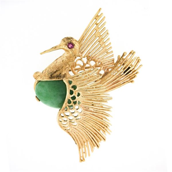 Vintage 18k Gold Cabochon Jade Ruby Textured Open Wire Work Swan Bird Brooch Pin