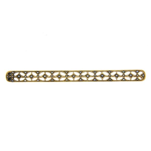 Antique Victorian 9k Yellow Gold Pave Set Bead Seed Pearls Long Bar Pin Brooch