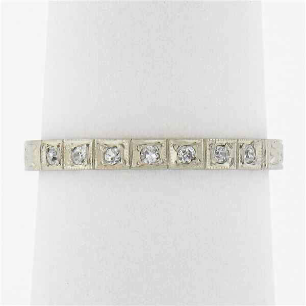 Antique 18K White Gold .08 ctw Pave Diamond Engraved Scroll Work Stack Band Ring