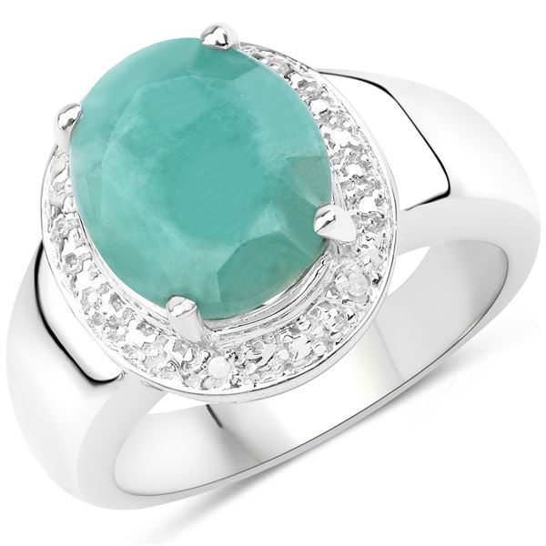 Rhodium Plated 4.70ct Emerald and Diamond Ring