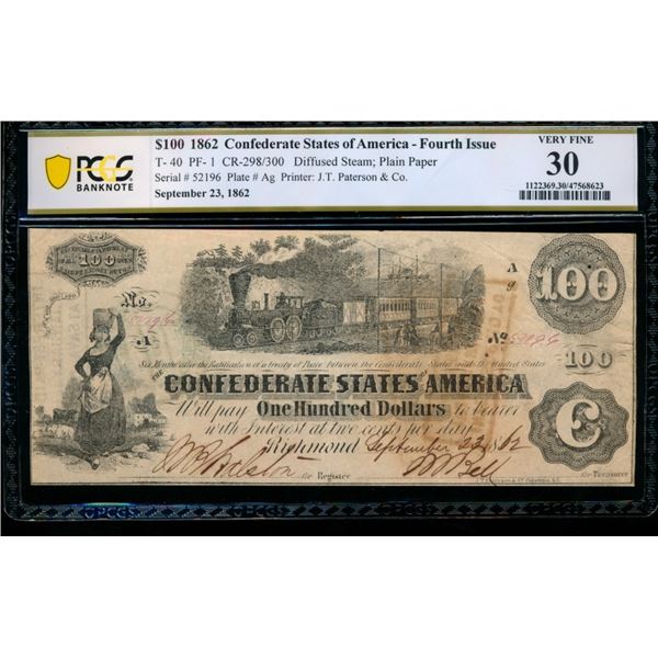 1862 $100 T-40 Confederate PCGS 30