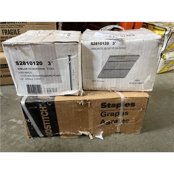 BOX OF BOSTICH 1-1/2" STAPLES AND 2 BOXES OF 3" STICK NAILS, FITS BOSTICH S10D