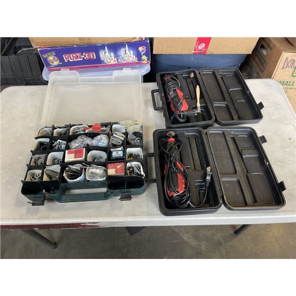 2 CORDED ROTARY TOOLS IN CASE AND ORGANIZER WITH ASSORTED FASTENERS
