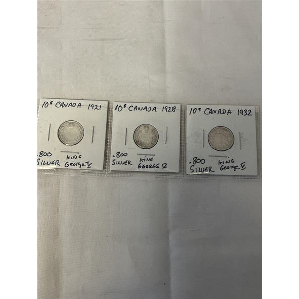 3 CANADIAN GEORGE V SILVER (.800) DIMES 1921, 1928, 1932