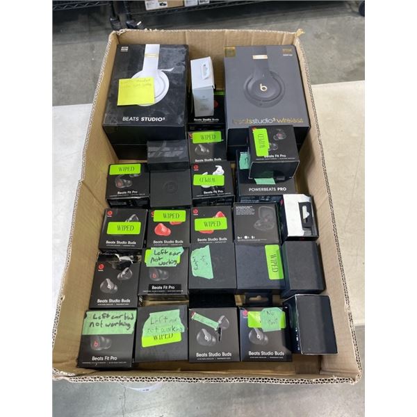 25+ BEATS WIRELESS EAR BUDS AND HEADPHONES ETC, VARIOUS ISSUES, STORE RETURNS/DEFECTIVE