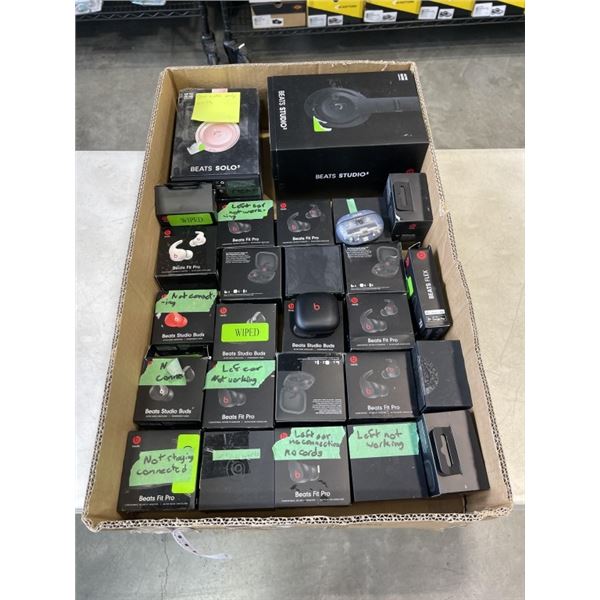 25+ BEATS WIRELESS EAR BUDS AND HEADPHONES ETC, VARIOUS ISSUES, STORE RETURNS/DEFECTIVE