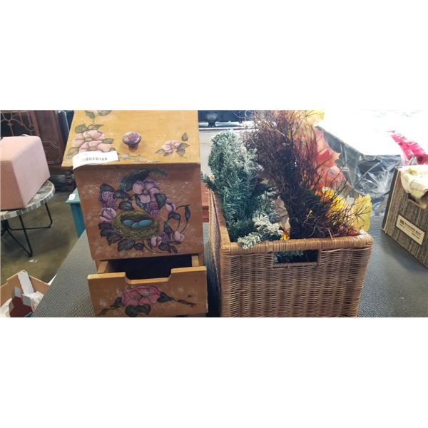 BASKET OF DECOR AND PINE POTATOE BIN