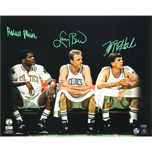 LARRY BIRD, ROBERT PARISH AND KEVIN MCHALE SIGNED 8X10 PHOTO LARRY BIRD COA