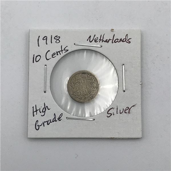 1918 10 CENTS NETHERLANDS HIGH GRADE SILVER