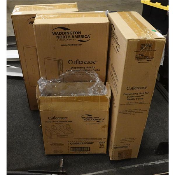 Qty 3 Cutlerease Hygienic Cutlery Dispensers for Plastic Forks & Base Unit