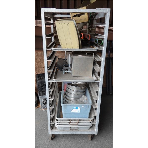 Metal Rolling Pan Rack & Contents: Pans, Fry Baskets, Bowls, etc 24" x 26" x 60"H