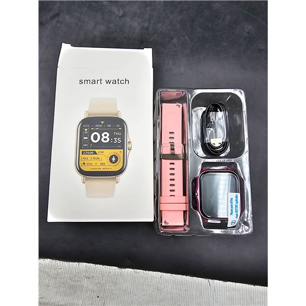 Smart Watch With Pink Band, Charging Cable, And Accessories
