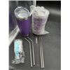 Image 1 : Purple Stainless Steel Tumbler With Straw Set and Accessories Lot of 2