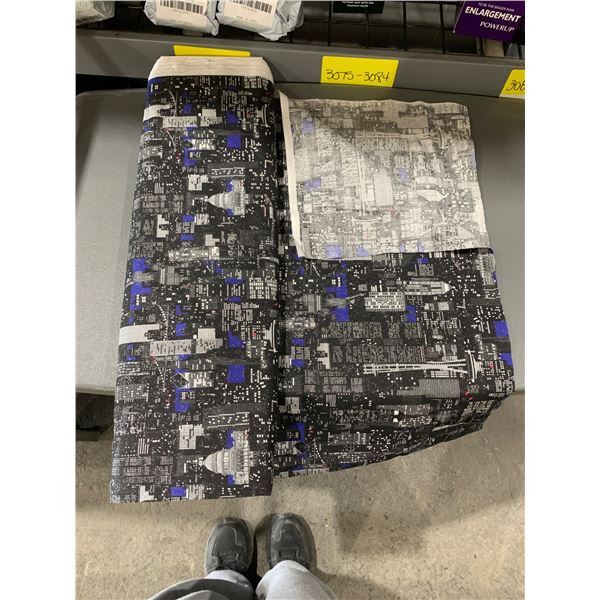 Roll of Black and White Printed Fabric with Blue Accents