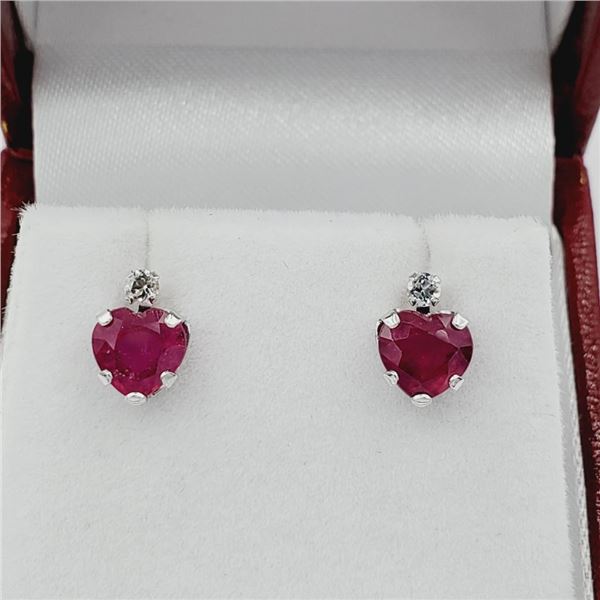 10KT White Gold Natural Enhanced Ruby (2ct) Heart Shape with Aquamarine Earrings, Retail $450.00. Ru