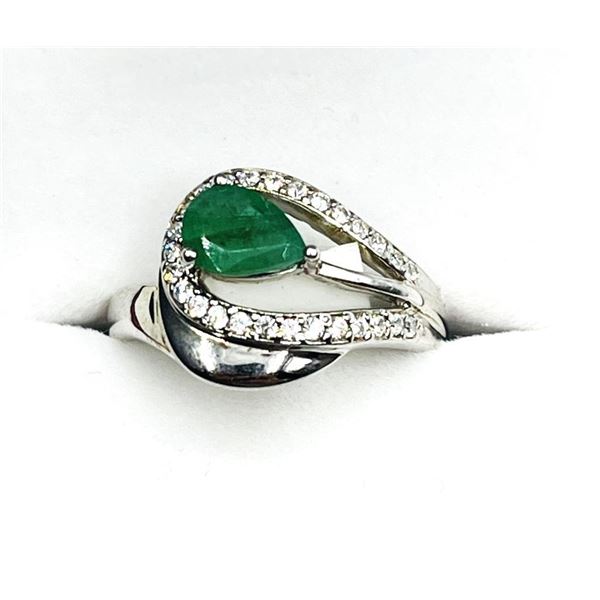 Sterling Silver Natural Emerald (0.65ct) with CZ (0.20ct) Ring, Size 5.75, W/A $455.00. Emerald is t