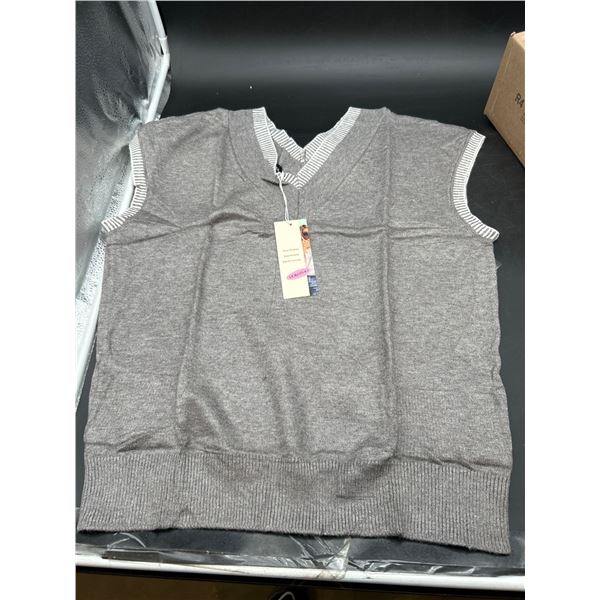 Dokotoo Womenâ€™s Medium Gray Sweater with V-Neck and Striped Trim