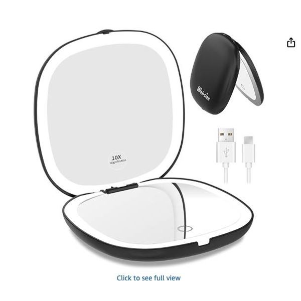 GloTech 10X Lighted Compact Mirror with Dual Light Settings Black