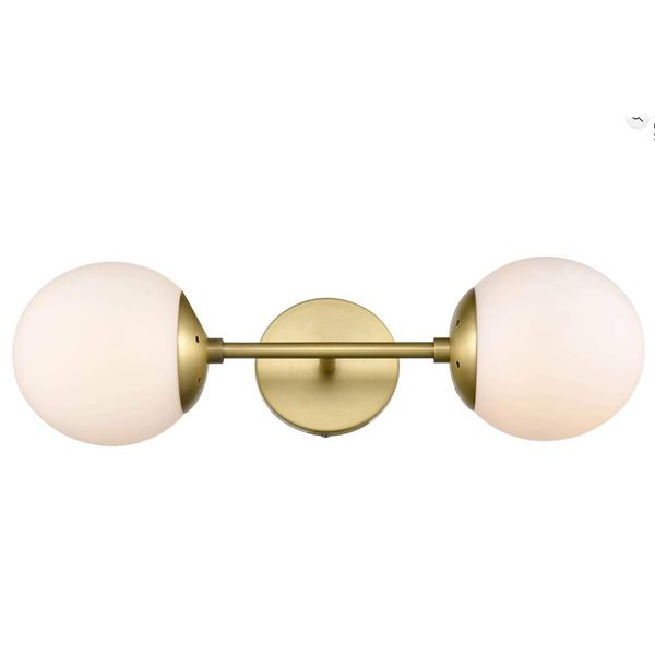 Light Society Zeno Brushed Brass and White Glass 2-Light Globe Wall Sconce, Mid Century Modern Retro