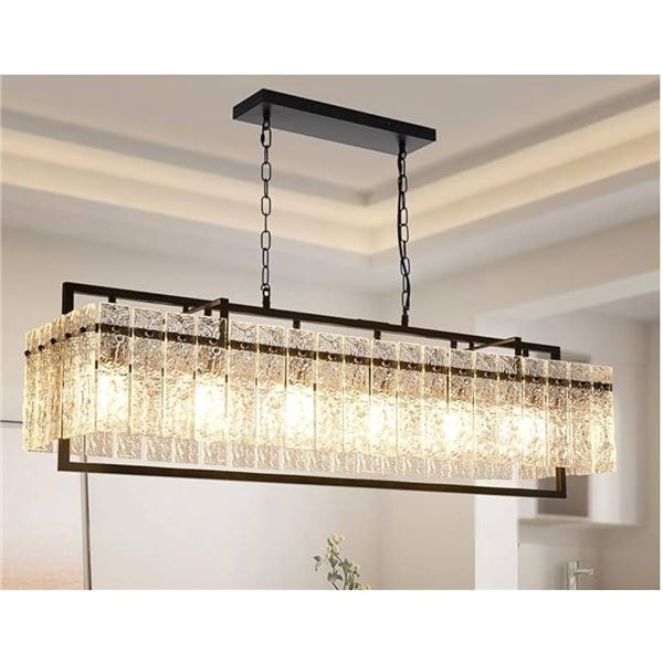 Wansi Shine Rectangular Crystal Chandeliers: 6-Light Black Modern Water Ripple Glass Chandelier for 