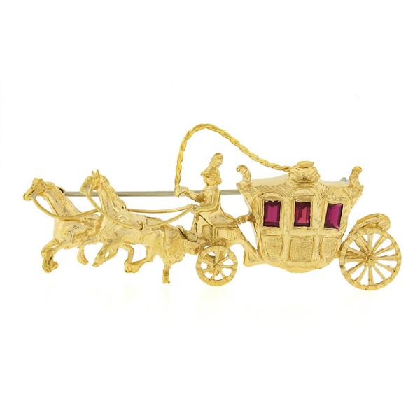Vintage Italian 18K Yellow Gold Ruby Long Detailed Horse & Carriage Brooch Pin
