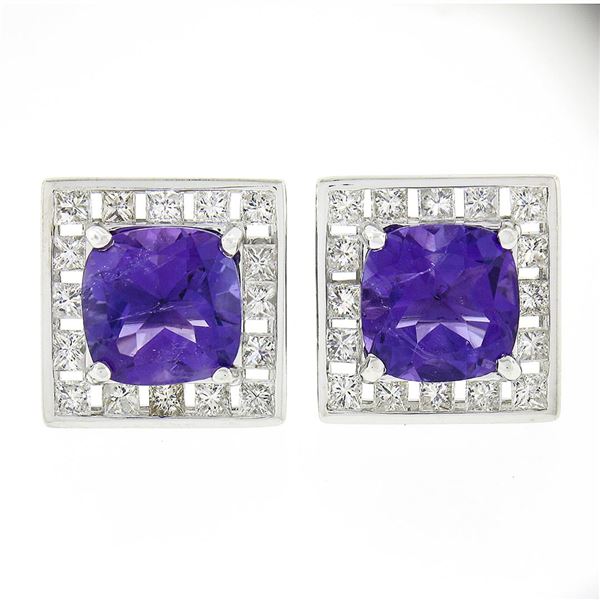 Unique 18k Gold 4.6 ctw Cushion Amethyst Channel Diamond Halo Square Stud Earrin