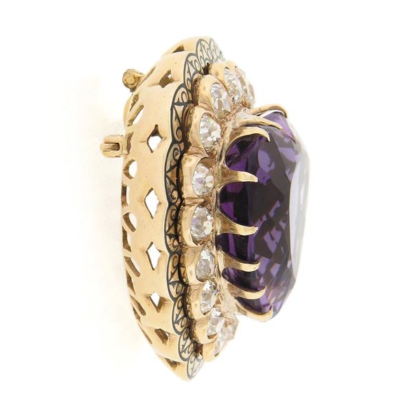 Antique Victorian 14k Gold Large Heart Amethyst & Diamond Enamel Brooch Pendant