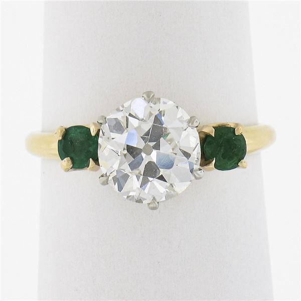 Antique 18k Gold & Platinum 2.02 ctw GIA European Diamond w/ Emerald 3 Stone Rin