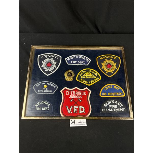 Nicely Framed BC Fire Department Patches + Fire Academy Cap Badge