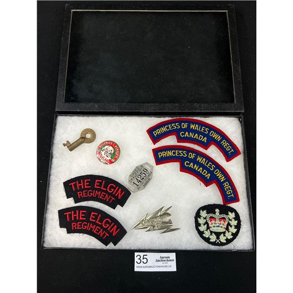 Small Display Case Filled w/ Canadian Military Patches, Railway Key, 1952 Cheauffers Badge, Woodword