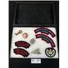Image 1 : Small Display Case Filled w/ Canadian Military Patches, Railway Key, 1952 Cheauffers Badge, Woodword