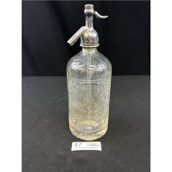 Vintage Brooklyn New York Seltzer Bottle Leftover Adhesive Residue From Old Paper Label Covering Ori