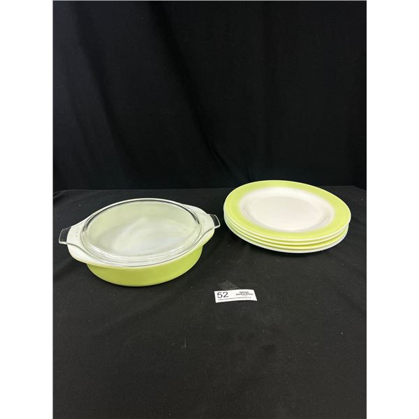 1950s-60s Lime Green Pyrex - 4 Dinner Plates + 1 Lidded Casserole Dishes