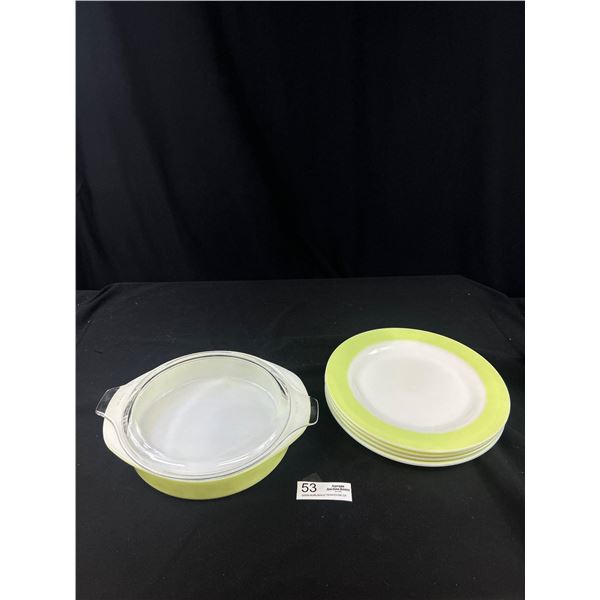 1950s-60s Lime Green Pyrex - 4 Dinner Plates + 1 Lidded Casserole Dishes