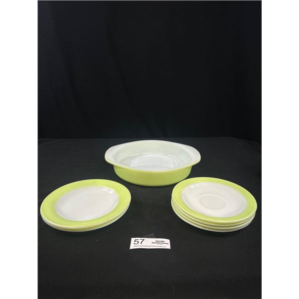 1950s-60s Lime Green Pyrex - 1 Casserole Dish, 2 Side Plates + 4 Saucers