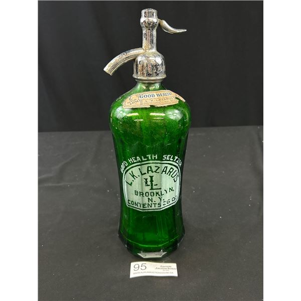 Vintage L.K. Lazaurs Brooklyn New York Green Seltzer Bottle