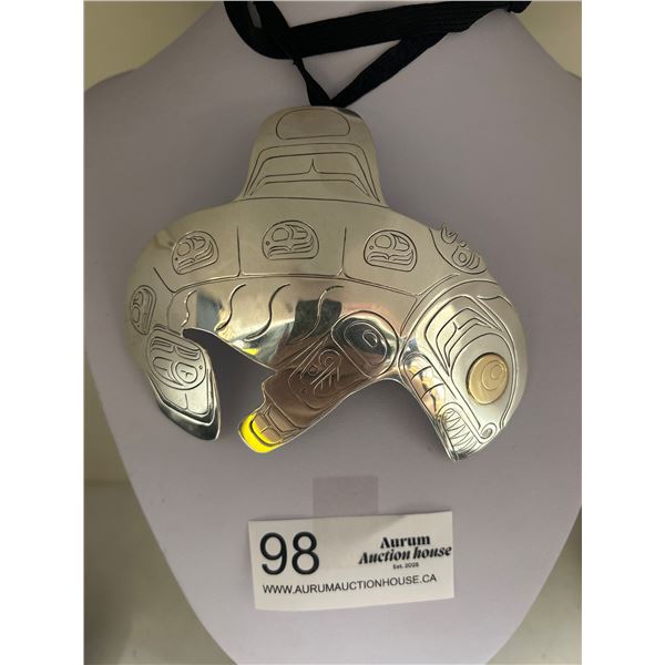 Large 5" Wide 4" Tall Signed West Coast Native Alice Rooso Silver and Gold Carved Killer Whale Penda