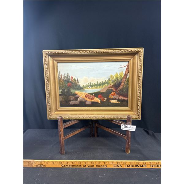 Antique 1890s 18" x 13" Native Painting On Academy Board, Rare Piece of Canadiana