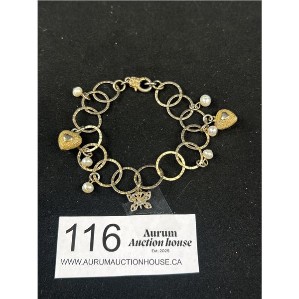 Vintage Genuine Pearls Hearts Gold Plated Bracelet